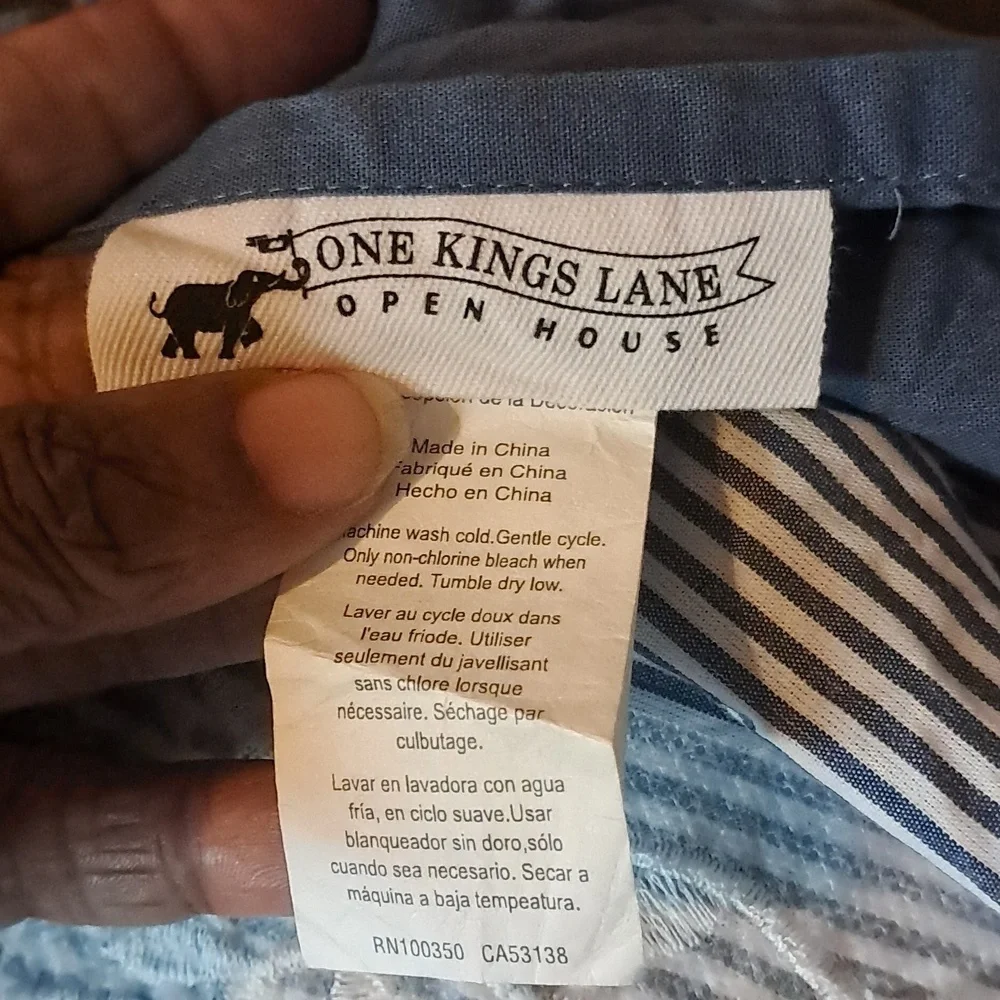 One Kings Lane Pair Pillowcase/Shams Covers Blue/White Stripe Cotton Embroidered